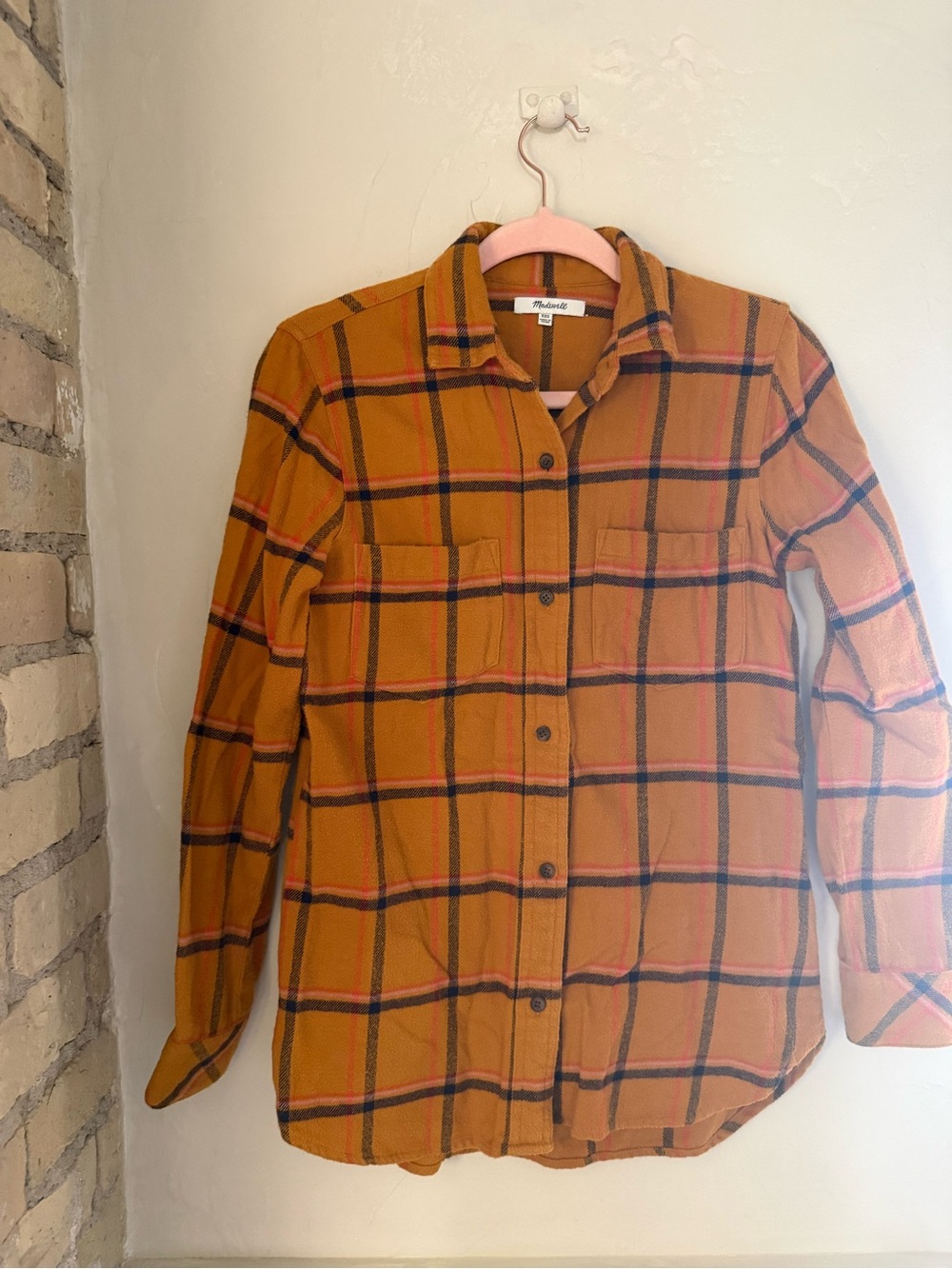 Madewell Women’s Mustard/Golden Plaid Flannel w/Pink & Navy detail 100% cotton